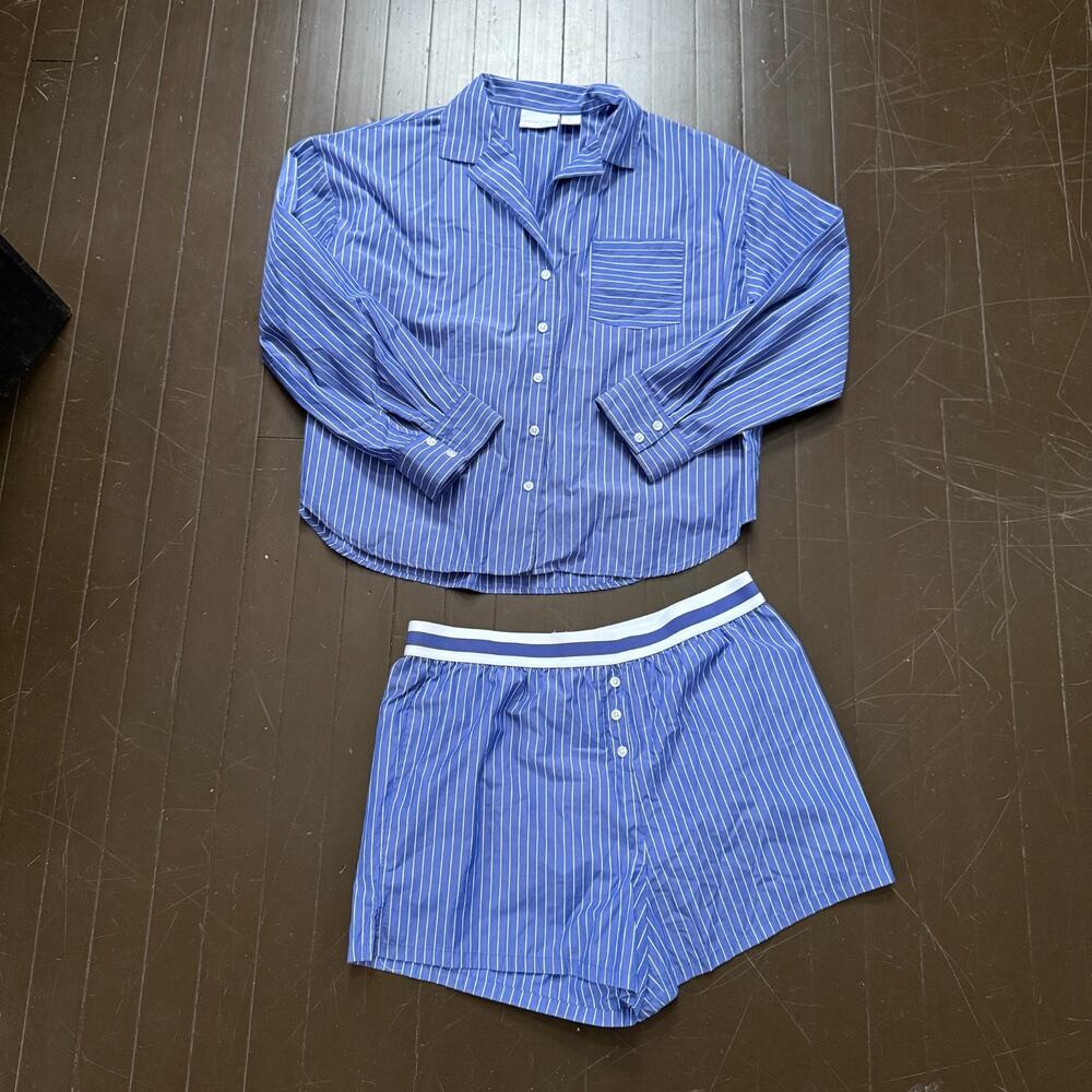 NWT Caroline Constas 3 Piece Designer Pajama Set Sz L Blue White Pinstriped